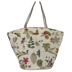 Longaberger Floral Canvas Tote Bag Faux Leather Straps‎ Top Zip Closure